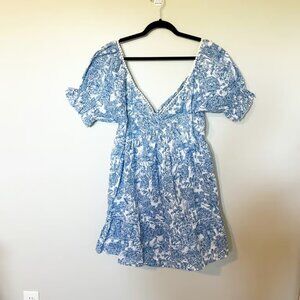 Simply southern blue and white floral puff sleeve tie back mini dress XL
